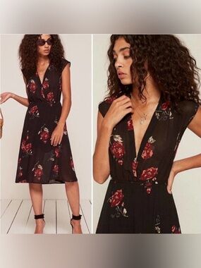 Reformation Renatta Black Floral Midi Dress Size XS